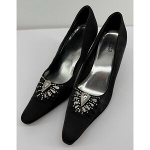 Valenti Franco Black Satin Rhinestone Pointed Toe Kitten Heel Pumps Womens 8M